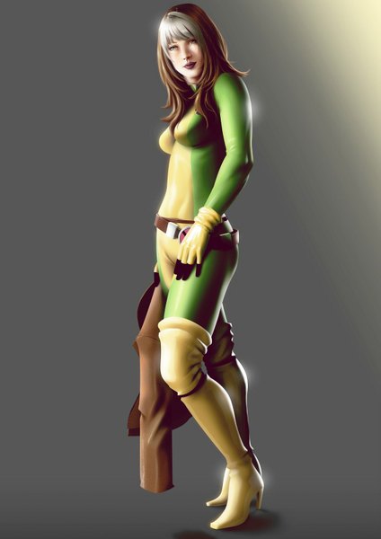 Anime picture 1131x1600 with x-men marvel comics rogue (x-men) lenadrofranci single tall image short hair simple background brown hair green eyes multicolored hair realistic grey background two-tone hair lipstick girl gloves jacket belt thigh boots