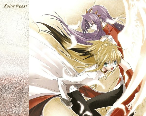 Anime picture 1280x1023 with saint beast rey (suzaku) gai (byakko) long hair blonde hair red eyes green eyes purple hair tail boy feather (feathers)