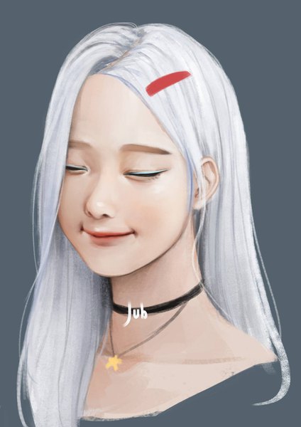 Anime picture 1191x1684 with original mio (jubi) jubi (regiana) single long hair tall image smile brown eyes signed white hair eyes closed realistic grey background lipstick portrait red lipstick no glasses girl choker hairclip