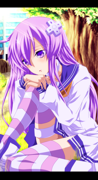 Anime picture 3200x5850 with choujigen game neptune nepgear deohvi single long hair tall image highres pink hair absurdres pink eyes sunlight coloring letterboxed sad girl thighhighs uniform plant (plants) school uniform tree (trees)