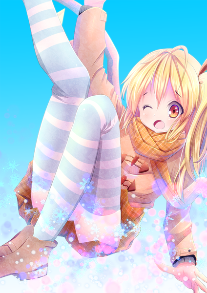 Anime picture 848x1200 with touhou flandre scarlet kagayan1096 single tall image blush short hair open mouth light erotic blonde hair bent knee (knees) one eye closed wink loli orange eyes leg lift (legs lift) convenient leg girl thighhighs scarf