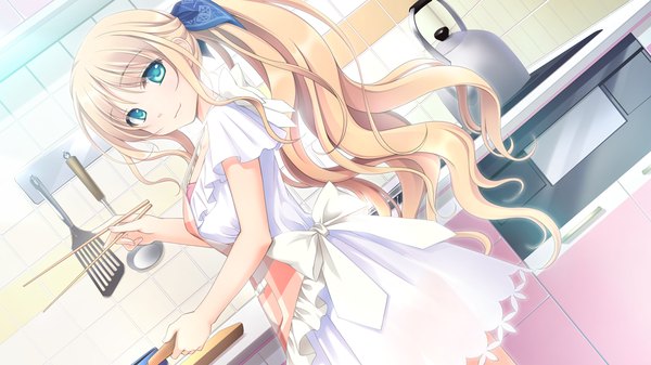 イラスト 1280x720 と アステリズム ぎん太 長髪 金髪 wide image 緑の目 game cg ポニーテール cooking see-through silhouette 半透明 女の子 ドレス エプロン