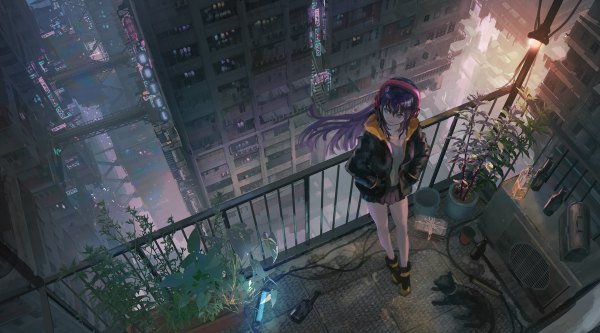 Anime picture 1200x666 with original denki single long hair fringe blue eyes smile hair between eyes wide image standing looking away purple hair pleated skirt from above wind open jacket bare legs city cityscape scenic