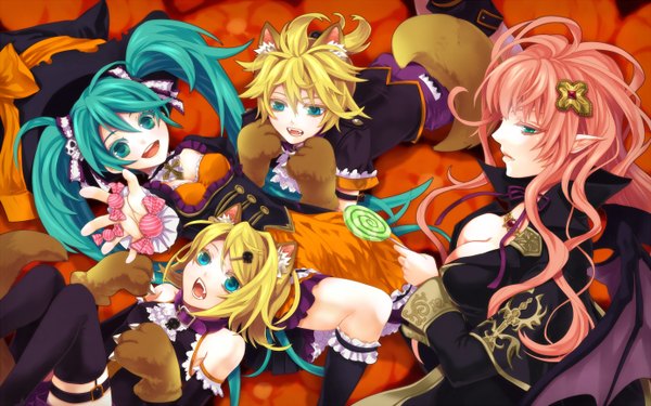 Anime picture 1382x864 with vocaloid hatsune miku megurine luka kagamine rin kagamine len tsuto (artist) long hair short hair blonde hair wide image twintails multiple girls pink hair aqua eyes pointy ears aqua hair group girl dress boy