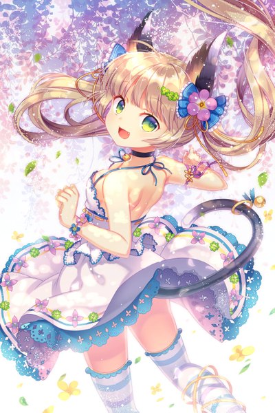 Anime picture 1000x1501 with original capura lin single long hair tall image open mouth blonde hair twintails green eyes animal ears tail animal tail hair flower girl thighhighs dress hair ornament flower (flowers) leaf (leaves) striped thighhighs