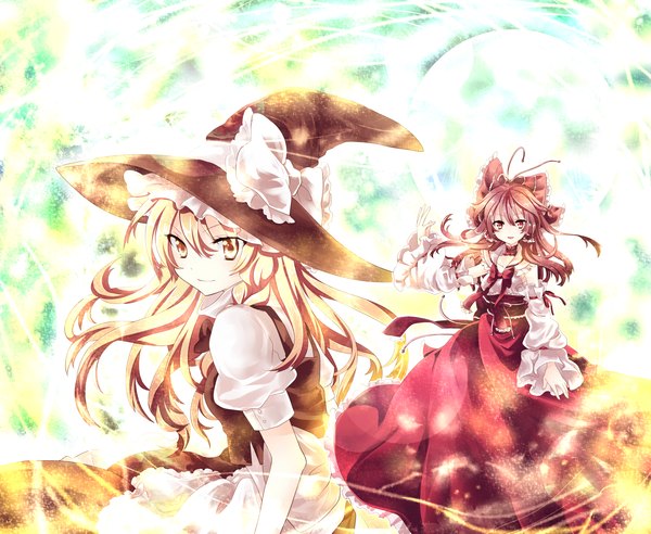 Anime picture 2000x1641 with touhou hakurei reimu kirisame marisa riichu long hair highres blonde hair red eyes brown hair multiple girls yellow eyes girl dress bow 2 girls hair bow hat detached sleeves witch hat