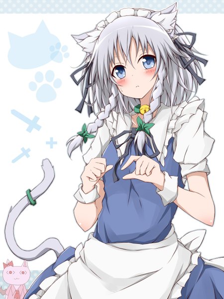 Anime picture 1050x1400 with touhou remilia scarlet izayoi sakuya karamoneeze single tall image looking at viewer blush short hair blue eyes animal ears silver hair tail braid (braids) animal tail cat ears maid cat girl cat tail twin braids