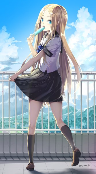 Anime picture 581x1046 with fate (series) fate/grand order abigail williams (fate) tyone single long hair tall image looking at viewer blush fringe blue eyes blonde hair standing holding signed sky cloud (clouds) outdoors pleated skirt looking back