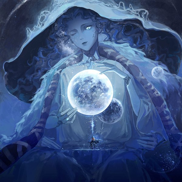 Anime-Bild 1080x1080 mit elden ring ranni the witch tarnished (elden ring) keikoku (kujira) long hair blue eyes blue hair one eye closed wide sleeves looking down witch blue skin ambiguous gender extra arms girl dress hat white dress ring witch hat