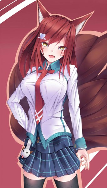 Anime picture 753x1325 with league of legends ahri (league of legends) academy ahri (league of legends) kiseno single long hair tall image looking at viewer blush fringe breasts open mouth large breasts standing animal ears yellow eyes red hair tail animal tail pleated skirt