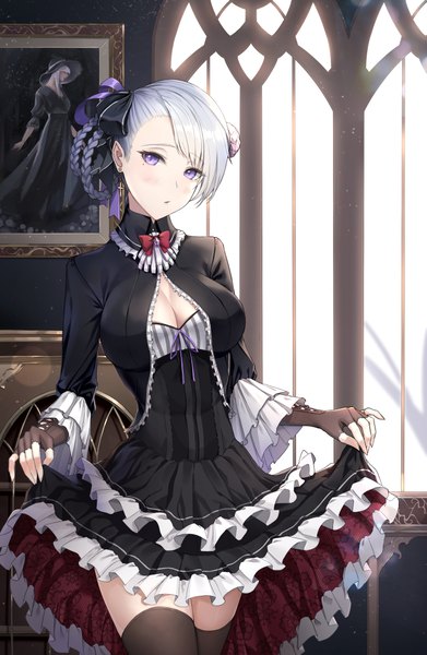 Anime picture 750x1150 with original limeblock single long hair tall image looking at viewer blush fringe breasts large breasts purple eyes cleavage indoors braid (braids) long sleeves head tilt pleated skirt mole hair bun (hair buns) mole under eye