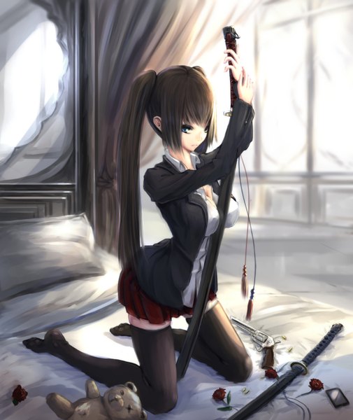 Anime picture 1165x1384 with original kikivi single long hair tall image looking at viewer blue eyes black hair girl thighhighs skirt weapon black thighhighs sword katana gun teddy bear phone