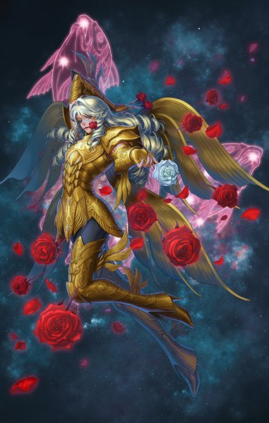 Anime picture 631x992 with saint seiya toei animation pisces aphrodite eclosion single long hair tall image blonde hair holding full body bent knee (knees) aqua eyes night night sky mouth hold outstretched arm turning head drill hair arm behind head space