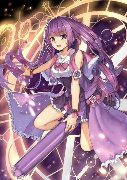 Anime picture 1240x1753 with original musynexsk single long hair tall image looking at viewer blush fringe open mouth blue eyes smile sitting twintails bare shoulders payot purple hair bent knee (knees) teeth magic magical girl