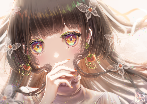 Anime picture 4093x2900 with original yuubarish single long hair looking at viewer blush fringe highres brown hair signed payot absurdres blunt bangs nail polish head tilt fingernails blurry orange eyes two side up face