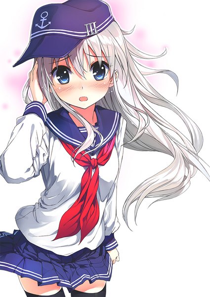 Anime picture 774x1093 with kantai collection hibiki destroyer honjou masato single long hair tall image blush fringe open mouth blue eyes simple background hair between eyes white background payot white hair pleated skirt wind zettai ryouiki adjusting hair scared