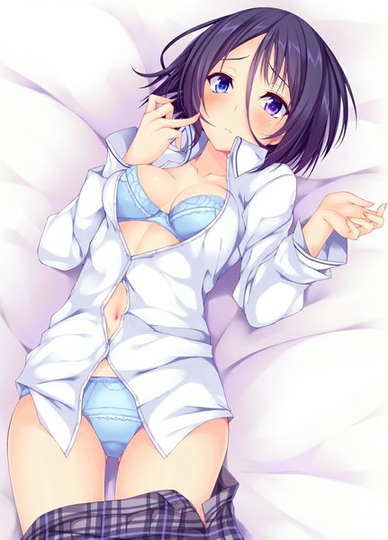 Anime picture 718x1000 with original nishi minami suterii single tall image looking at viewer blush short hair breasts light erotic purple eyes purple hair lying open clothes on back open shirt plaid skirt girl skirt navel