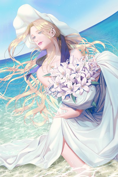 Anime picture 667x1000 with original lemeiet (sablecat) single long hair tall image fringe blue eyes blonde hair holding looking away sky outdoors parted lips light smile wind lips wet dutch angle lipstick partially submerged