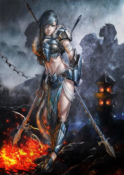 Anime picture 2894x4093 with monkey (weibo) single long hair tall image fringe highres blue eyes blue hair hair over one eye rain rock girl navel weapon armor fur chain bandage (bandages) fire lantern