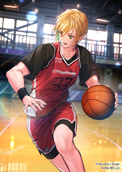 Anime picture 636x899 with sid story interitio single tall image fringe short hair open mouth blonde hair smile hair between eyes holding green eyes signed looking away indoors copyright name lens flare running basketball playing sports