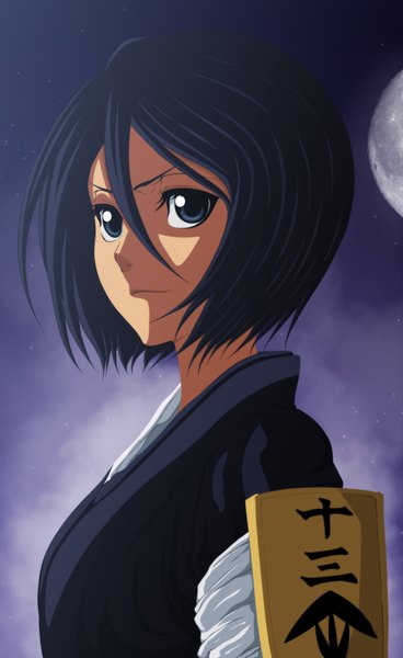Anime picture 2408x3928 with bleach studio pierrot kuchiki rukia jbeenz single tall image highres short hair blue eyes black hair smile cloud (clouds) night sky coloring girl moon star (stars)