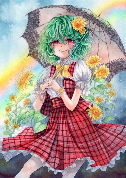 Anime picture 1058x1500 with touhou kazami yuuka mosho single tall image looking at viewer blush short hair smile red eyes hair flower green hair wavy hair traditional media watercolor (medium) girl skirt hair ornament flower (flowers) umbrella