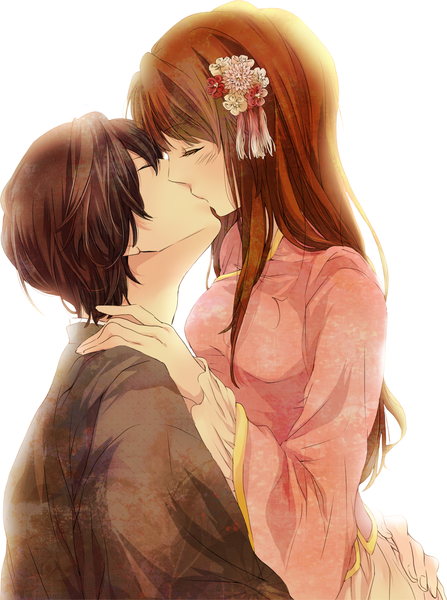 Anime picture 1600x2149 with axis powers hetalia studio deen japan (hetalia) taiwan (hetalia) tagme (artist) long hair tall image fringe short hair brown hair white background eyes closed traditional clothes japanese clothes orange hair couple hug chinese clothes face to face kiss