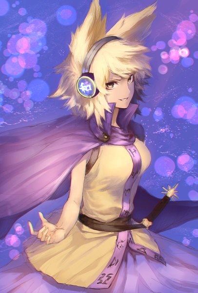 Anime picture 991x1464 with touhou toyosatomimi no miko terada yuki single tall image looking at viewer fringe short hair blonde hair smile yellow eyes from above outstretched hand purple background >:) girl weapon sword headphones cape