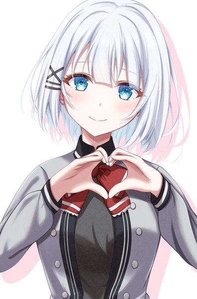 Anime picture 1288x1952 with tantei wa mou shindeiru siesta (tantei wa mou shindeiru) miyuki kotori single tall image looking at viewer blush short hair blue eyes simple background smile white background silver hair upper body shadow heart hands girl hair ornament bobby pin x hair ornament