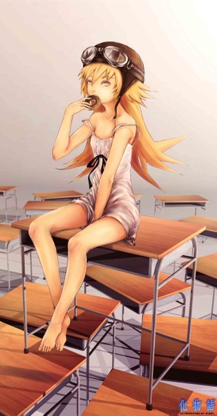 Anime picture 2598x4961 with bakemonogatari nisemonogatari kizumonogatari shaft (studio) monogatari (series) oshino shinobu kuon (pixiv) single long hair tall image looking at viewer highres blonde hair sitting bare shoulders brown eyes inscription no shoes eating girl