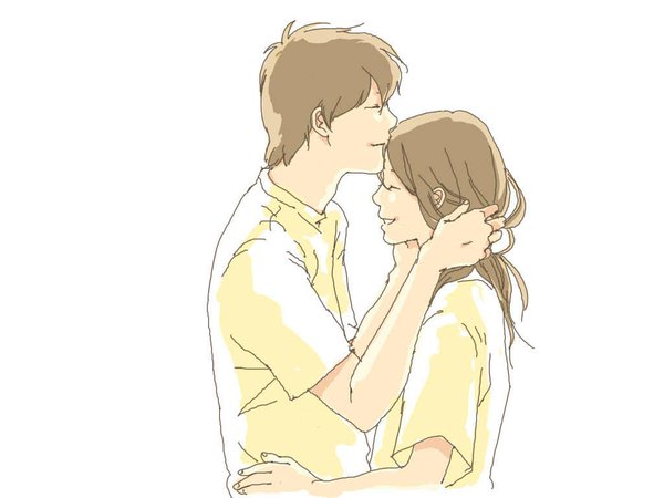 Anime picture 1024x768 with original yodo short hair simple background brown hair white background eyes closed profile couple hug kiss forehead kiss girl boy