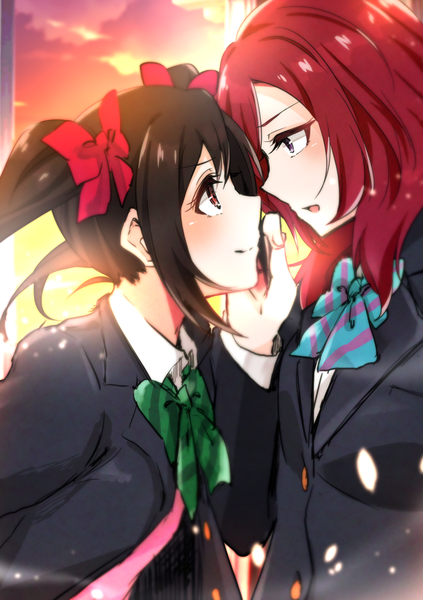 Anime picture 1020x1447 with love live! school idol project sunrise (studio) love live! nishikino maki yazawa nico rurika seijin long hair tall image blush short hair open mouth black hair smile red eyes purple eyes twintails multiple girls cloud (clouds) upper body red hair