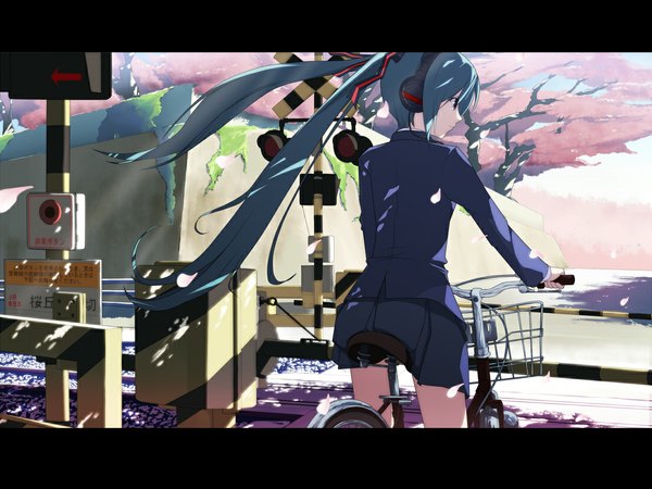 Anime picture 1100x825 with vocaloid hatsune miku eto single long hair twintails looking away aqua hair cherry blossoms letterboxed girl skirt uniform plant (plants) school uniform miniskirt tree (trees) headphones ground vehicle bicycle