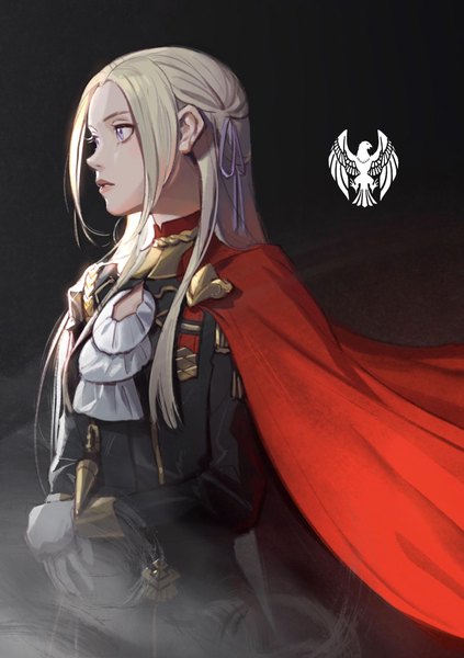 Anime picture 1750x2480 with fire emblem fire emblem: three houses nintendo edelgard von hresvelg pine11298 single long hair tall image highres simple background purple eyes payot looking away upper body white hair parted lips black background girl gloves ribbon (ribbons)