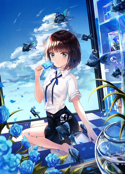 Anime picture 2948x4093 with original smile2007h single tall image looking at viewer blush fringe highres short hair blue eyes smile brown hair sitting holding sky cloud (clouds) blunt bangs parted lips barefoot bare legs