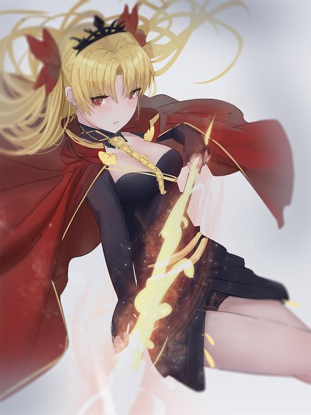 Anime picture 900x1200 with fate (series) fate/grand order ereshkigal (fate) anone single long hair tall image looking at viewer blush fringe breasts light erotic simple background blonde hair hair between eyes red eyes holding parted lips blurry two side up