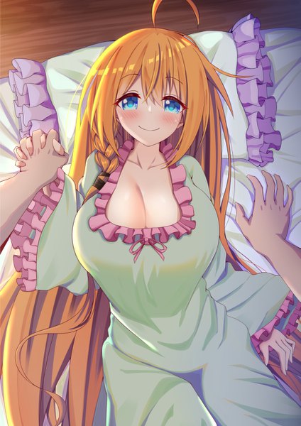 Anime picture 849x1200 with princess connect! re:dive princess connect! pecorine (princess connect!) syurimp single long hair tall image looking at viewer blush fringe breasts blue eyes light erotic smile hair between eyes large breasts payot cleavage ahoge indoors