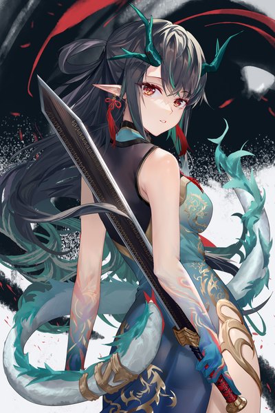 Anime picture 2000x3000 with arknights dusk (arknights) dusk (everything is a miracle) (arknights) hongbaise raw single long hair tall image looking at viewer fringe highres breasts black hair simple background hair between eyes standing holding brown eyes payot tail traditional clothes