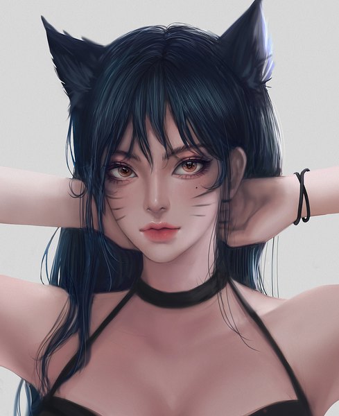 Anime picture 3338x4096 with league of legends ahri (league of legends) lyn e single long hair tall image looking at viewer fringe highres black hair simple background hair between eyes bare shoulders brown eyes animal ears payot absurdres upper body lips realistic