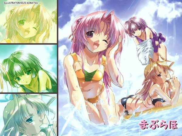 Anime picture 1024x768 with maburaho j.c. staff miyama yuuna kamishiro rin kazetsubaki kuriko komatsu eiji light erotic girl swimsuit bikini water side-tie bikini