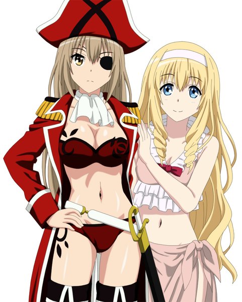 Anime picture 803x1000 with amagi brilliant park kyoto animation sento isuzu latifa fleuranza cp9a long hair tall image looking at viewer breasts blue eyes light erotic blonde hair brown hair white background multiple girls brown eyes pirate girl navel weapon