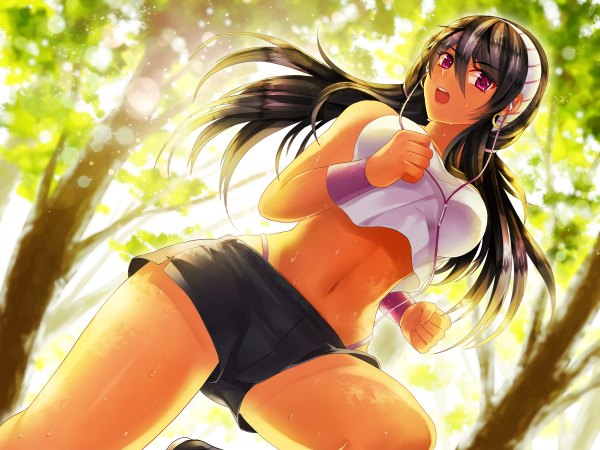 Anime picture 2400x1800 with hunie pop kyanna delrio kaskia single long hair highres breasts open mouth light erotic black hair pink eyes sunlight midriff sweat running girl navel underwear panties plant (plants)