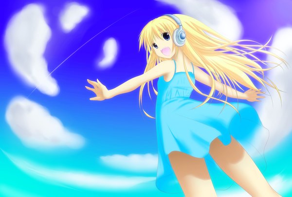 Anime picture 2039x1377 with original kyubu (artist) single long hair looking at viewer highres open mouth blue eyes blonde hair bare shoulders sky cloud (clouds) spread arms girl dress headphones blue dress