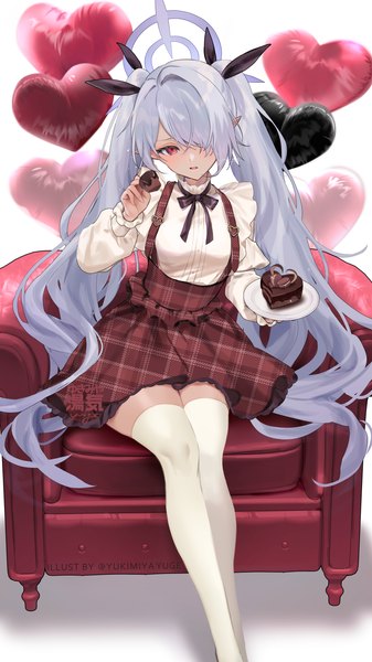 Anime picture 1687x3000 with blue archive iori (blue archive) yuge (mkmk) single long hair tall image fringe red eyes sitting twintails silver hair hair over one eye zettai ryouiki official alternate costume plaid skirt valentine girl thighhighs skirt white thighhighs