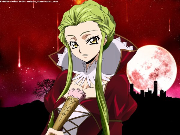 Anime picture 1600x1200 with code geass sunrise (studio) c.c. kawaguchi rie single long hair fringe holding signed yellow eyes payot sky green hair night alternate hairstyle red background hair up red sky girl moon