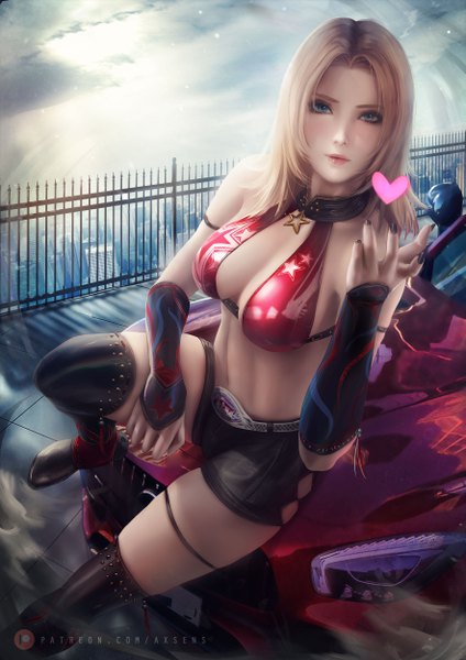 Anime picture 3532x5000 with dead or alive mercedes-benz tina armstrong axsen single long hair tall image looking at viewer blush highres breasts light erotic blonde hair large breasts sitting signed absurdres sky cleavage cloud (clouds)