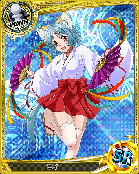 Anime picture 640x800 with highschool dxd single tall image looking at viewer short hair open mouth red eyes animal ears blue hair traditional clothes japanese clothes cat ears card (medium) miko girl thighhighs skirt white thighhighs fan red skirt