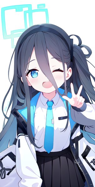 Anime picture 1608x3170 with blue archive aris (blue archive) zcx single long hair tall image looking at viewer blush fringe open mouth blue eyes black hair simple background hair between eyes white background one eye closed wink open jacket one side up ;d
