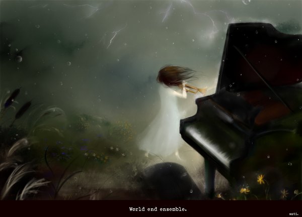 Anime picture 2408x1735 with original quarterly pixiv 3 free sati (sati1111) single long hair highres brown hair sky cloud (clouds) back rain lightning girl dress flower (flowers) plant (plants) white dress musical instrument piano trumpet