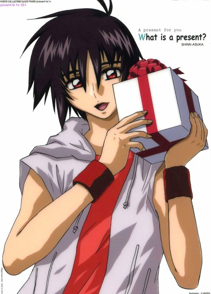 Anime picture 2130x2970 with mobile suit gundam gundam seed destiny sunrise (studio) shinn asuka tall image highres short hair open mouth black hair simple background red eyes white background scan sleeveless boy hood gift wristlet